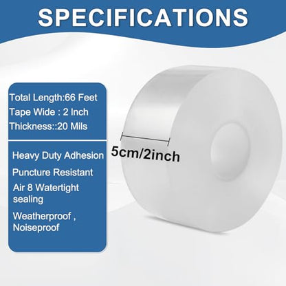 Transparent Window Weather Sealing Tape 2IN x 66 FT Draft Isolation No Residue Removable Adhesive Waterproof Windows Doors Shower Glass AC Units Ideal for Winter Seal & Summer Cold Air Loss Prevention