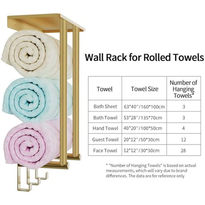 Gold Towel Rack with Shelf, Bethom Bath Towel Storage for Bathroom, Stainless Steel, 3 Hooks Towel Racks for Small Bathroom Wall Mounted