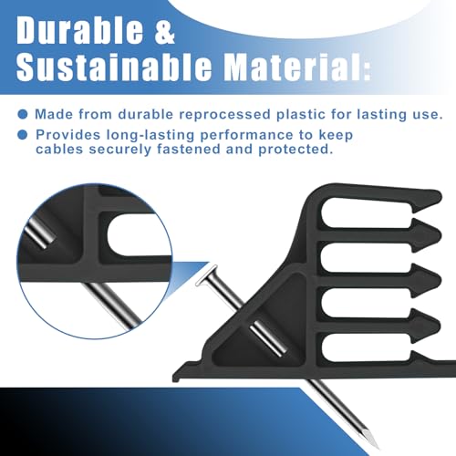 Cable Stackers 200 Pack, Multi-Cable Electrical Wire Clips with Steel Nails | Durable Black Plastic Electrical Wire Staples for Power and Telephone Cables, Hammer-In Design Organizes Thick and Thin Cords