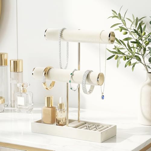 Necklace Holder,Bracelet Display,Jewelry Organizer Stand with Earrings Rings Tray,Jewelry Holder for Scrunchie Watches (Beige, 2 Tier)