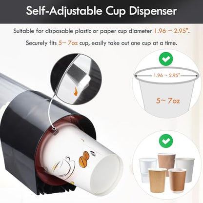 LBTING Cup Dispenser, Fits 7oz - 12oz Cone or Flat Bottom Cups | Water Cooler Pull Type Cup Holder, Paste or Screw Plate Wall Mount, Black, 16.9" Tube Length
