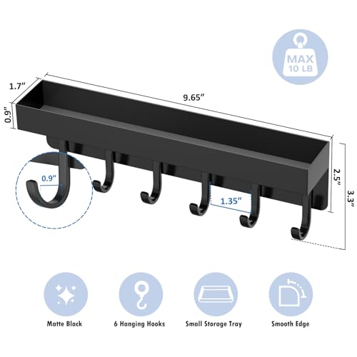 Magnetic Key Holder, Wall Mount Key Rack with Shelf, 9.65 in, Black | Metal Material, Small Size, 6 Metal Hooks, 2 Installation Ways, for Fridge, Entryway, Kitchen, Bathroom, Garage, RV, Office