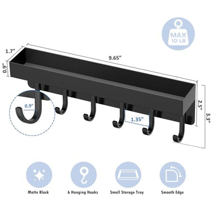 Magnetic Key Holder, Wall Mount Key Rack with Shelf, 9.65 in, Black | Metal Material, Small Size, 6 Metal Hooks, 2 Installation Ways, for Fridge, Entryway, Kitchen, Bathroom, Garage, RV, Office
