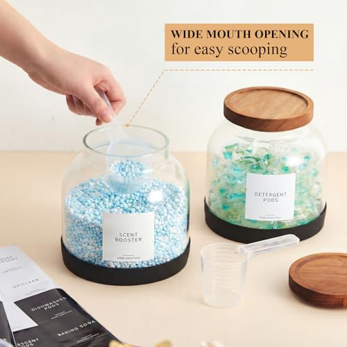 Zhehao 2 Pack Glass Laundry Pods Container with 30 Labels, Scoops, Non Slip Base, Wood Lid, Half Gallon Laundry Detergent Container Powder Containers Canisters Set Laundries Room Organization Jars