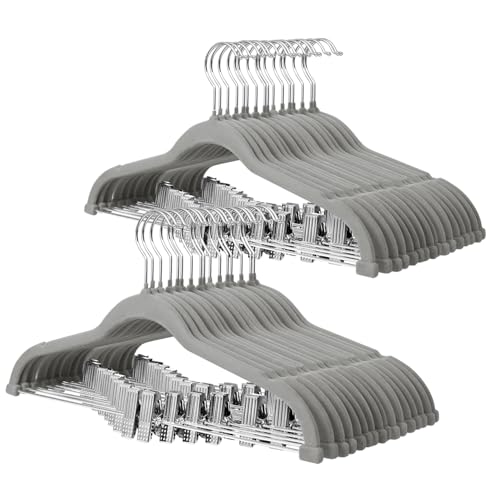 ManGotree Velvet Pants & Skirt Hangers with Movable Clips 32 Pack Grey | Ultra-Thin Space Saving Dress Hangers for Adult Clothing, Non-Slip Felt Coat Clothes Hangers with 360° Swivel Hook