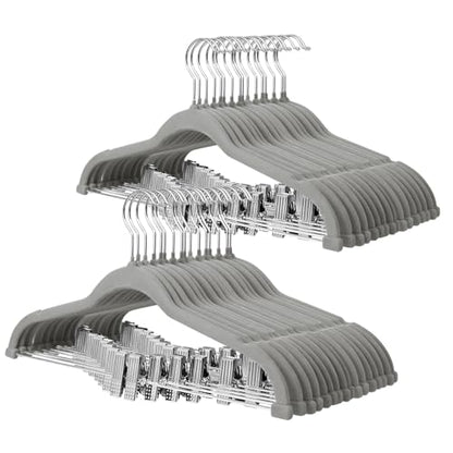 ManGotree Velvet Pants & Skirt Hangers with Movable Clips 32 Pack Grey | Ultra-Thin Space Saving Dress Hangers for Adult Clothing, Non-Slip Felt Coat Clothes Hangers with 360° Swivel Hook