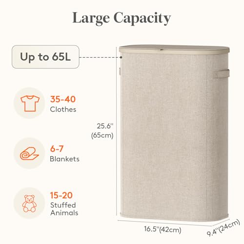 Lifewit Slim Laundry Basket with Lid, Narrow Laundry Hamper with Plastic Handles and Removable Bag, Tall Foldable Dirty Clothes Hampers for Laundry Room, Bedroom, Bathroom, Dorm, 65L Beige