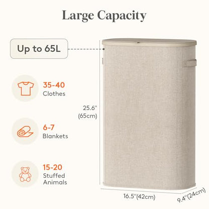 Lifewit Slim Laundry Basket with Lid, Narrow Laundry Hamper with Plastic Handles and Removable Bag, Tall Foldable Dirty Clothes Hampers for Laundry Room, Bedroom, Bathroom, Dorm, 65L Beige