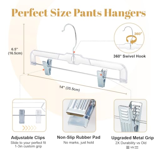 HOUSE DAY 14 Inch Clear Pants Hangers with Clips 12 Pack, Skirt Hangers | Adjustable Clip Hangers for Pants, Skirts, Jeans and Shorts, with No Marks Pads and 360° Swivel Hook, for Closet Organization