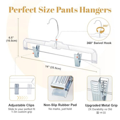 HOUSE DAY 14 Inch Clear Pants Hangers with Clips 12 Pack, Skirt Hangers | Adjustable Clip Hangers for Pants, Skirts, Jeans and Shorts, with No Marks Pads and 360° Swivel Hook, for Closet Organization