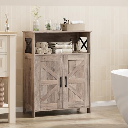 Homhedy Farmhouse Bathroom Storage Cabinet with Doors, Small Floor Cabinet | Toilet Paper Cabinet with Adjustable Shelf, Freestanding Storage Cabinet for Kitchen/Laundry/Living Room, 24"W, Greige