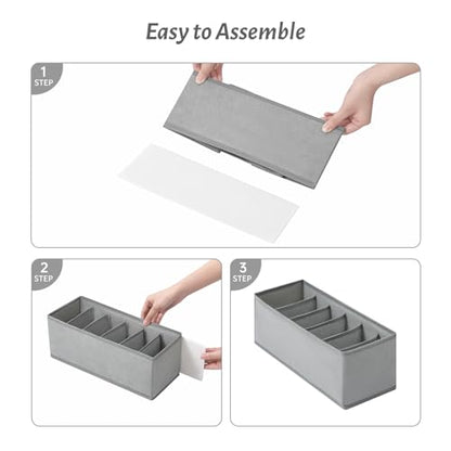 3 Packs Fabric Belt Organizer for Closet and Drawer, Foldable 6 Grids Dresser Drawer Organizers, Belt Tie Holder, Tie Box-Grey
