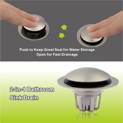 Pop Up Sink Drain Stopper Hair Catcher - Brushed Nickel 2 Pack | Universal bathroom， Fits 1-1/8 & 1-1/2 drains， Rust resistant brass， Waste plug drain replacement， Tool free quick odor stop.