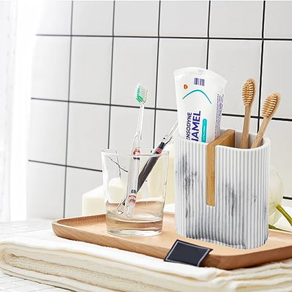 Toothbrush Holders for Bathroom, Bamboo Toothbrush Stand, Marble White | Electric Toothbrush and Toothpaste Organizer for Bathroom Sink Countertop Storage, Modern Brushing Accessories