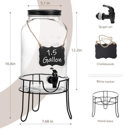 1.5 Gallon Glass Drink Dispensers for Parties, Ice Beverage Dispensers with Stand, Glass Water Dispenser with Spigot, Laundry Detergent Dispenser, Lemonade Dispenser