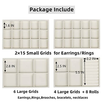 Set of 4 Stackable Jewelry Trays Organizer, Velvet Earring Organizer, Jewelry Organizer Showcase Display Drawer Organizer Storage, Earring Holder Necklace Bracelet Ring Accessary Organizers (Beige)