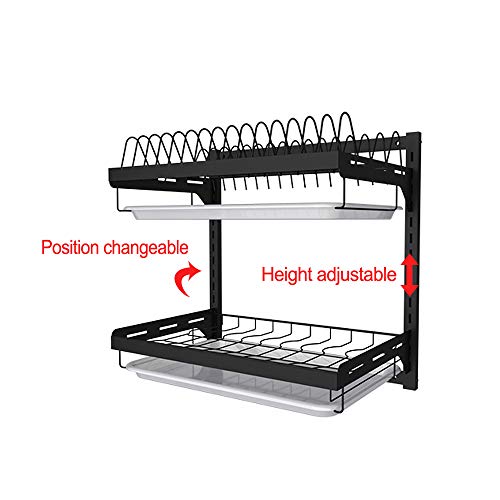 junyuan Kitchen Dish Rack,Hanging Dish Drying Rack Organizer Storage Shelf Over Sink,2 Tier Wall Mount Bowl Holder with Drain Tray and Silverware Stainless Steel Black Coating Ajustable Height