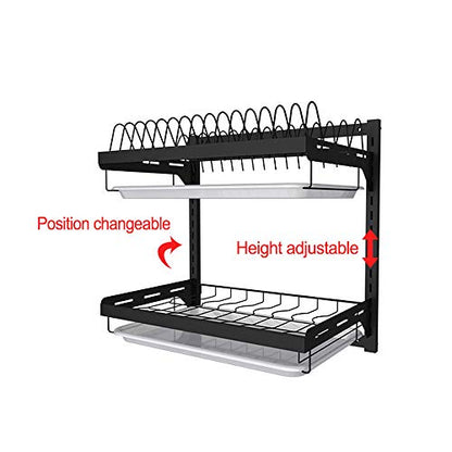 junyuan Kitchen Dish Rack,Hanging Dish Drying Rack Organizer Storage Shelf Over Sink,2 Tier Wall Mount Bowl Holder with Drain Tray and Silverware Stainless Steel Black Coating Ajustable Height