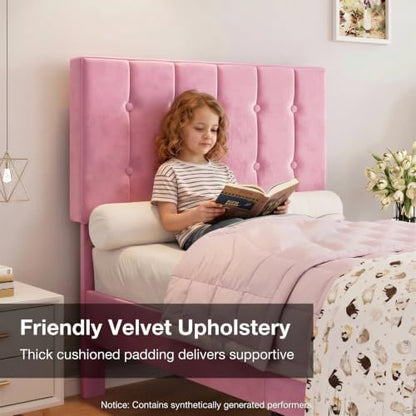 LIKIMIO Twin Bed Frames with Headboard, Velvet Upholstered, Pink