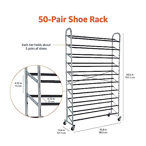 Amazon Basics 50-Pair Shoe Rack Organizer, Portable Rolling with Locking Wheels, Free Standing, 35.8 x 14.6 x 59.5 inches, Chrome