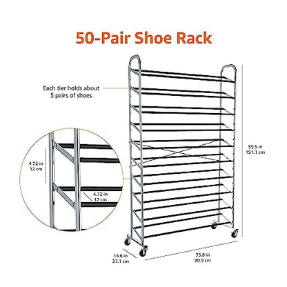 Amazon Basics 50-Pair Shoe Rack Organizer, Portable Rolling with Locking Wheels, Free Standing, 35.8 x 14.6 x 59.5 inches, Chrome