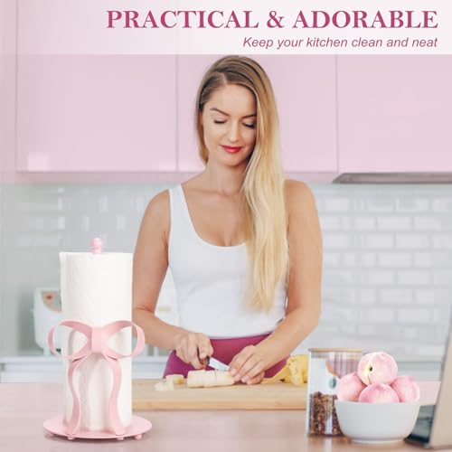 Pink Bow Paper Towel Holder Coutertop - Bow Accent Paper Towel Holder, Pink Kitchen Decor and Accessories, Coquette Room Decor Girly Gifts for Women, 3D Handmade Pattern, Weighted Base