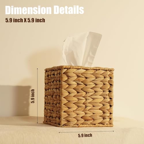 Water Hyacinth Handwoven Tissue Box Cover, Natural Handmade Wicker Napkin Box Holder, Handcrafted Square Facial Tissue, Rustic Decorative on Table and Bathroom, Office, Boho Decorative