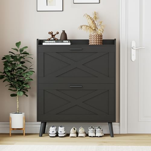 Homleke Farmhouse Shoe Storage Cabinet with Flip Drawers & Barn Door Design | Slim Narrow Shoe Rack Cabinet with Adjustable Shelves & Hidden Storage for Entryway, Foyer, Hallway, Living Room, Black