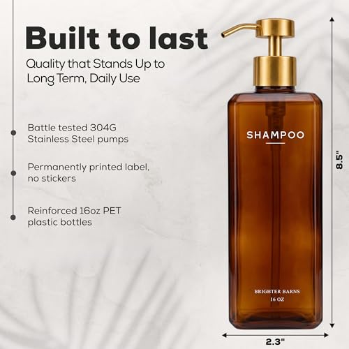 Luxury Shampoo and Conditioner Dispenser Set by Brighter Barns - Refillable Shower Shampoo Dispenser - Shower Bottles with Stainless Steel Pumps for Modern Organic Home Decor, Spa, Airbnb (Amber/Gold)