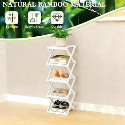 Bamboo Shoe Rack - No Assembly Required, Tall Narrow Foldable Shoe Organizer, Space-Saving Multifunctional Shelf for Entryways, Corners, Bedrooms, Balconies, 5 Layer White (Reinforced And Thickened )