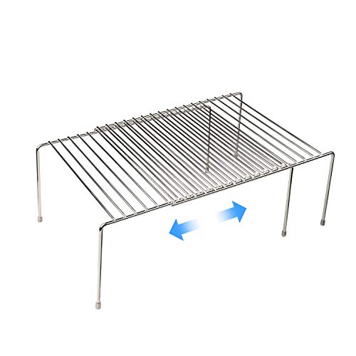 Tomorotec Expandable Kitchen Cabinet Organizer Stainless Steel Shelf Silver | Adjustable from 12.8 to 22.8 Inches Rustproof with Anti-Slip Feet for Pantry Bathroom Closet and Countertop Organization