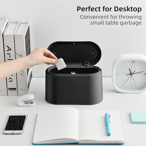 SUBEKYU Mini Trash Can with Lid,Small Desktop Trash Can,Black 0.5 Gal | Countertop Mini Garbage Cans,Small Garbage Can for Office Kitchen Coffee Table, Tiny Wastebasket for Desktop
