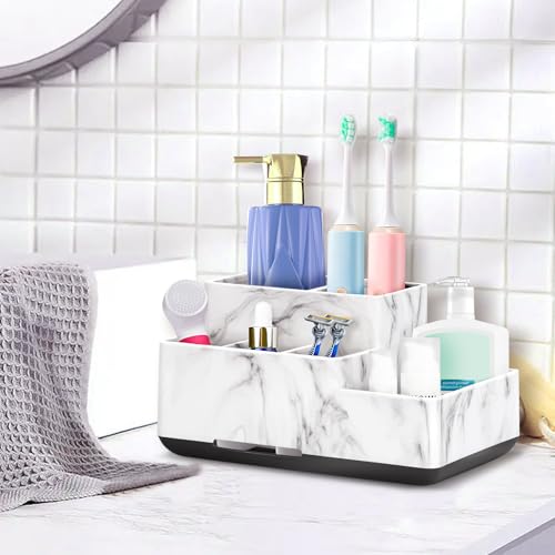 Detachable Toothbrush and Toothpaste Holder for Bathroom Countertop | Large Bathroom Organizer Storage Anti-Slip for Shower, Kitchen, Kids, Family, Multifunction Toothbrush Holders Marble Silver