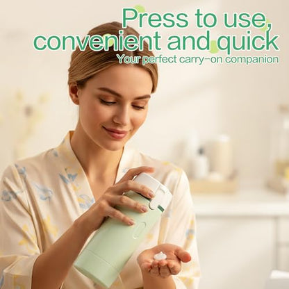 4 in 1 Travel Dispenser Bottle Essentials Camping Toiletries Pump TSA Approved Leak Proof Size Portable Containers Refillable for Shampoo Lotion Creams Body Wash Conditioner Attached Label (Green)