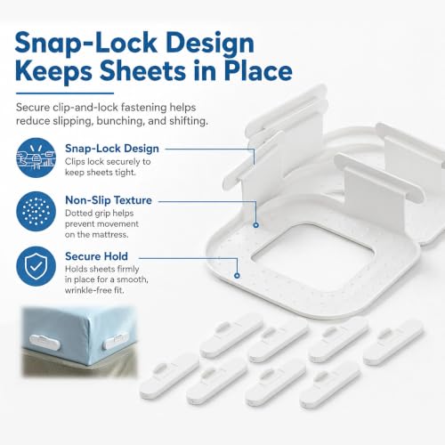 Bed Sheet Holders for Corners, 4 Pack Fitted Sheet Grippers with 8 Locks | 4 Holders + 8 Fasteners, Non-Slip Sheet Clips, Snap Lock Design,Easy Install, Universal For Home Hotel Kid Bed