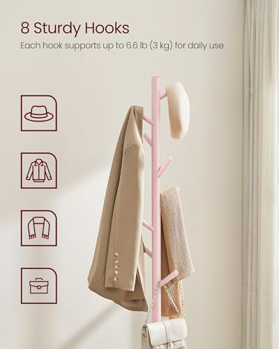 VASAGLE Solid Wood Coat Rack, Free Standing Tree-Shaped Coat Rack with 8 Hooks, 3 Height Options, for Clothes, Hats, Bags, Living Room, Bedroom, Home Office, Jelly Pink URCR004R01