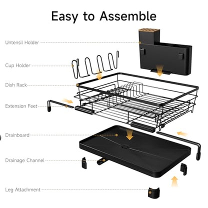 Dish Drying Rack - Expandable Large Dish Rack Over Sink | Drying Dish Drainer for Kitchen Counter, Stainless Steel Dish Strainer with Utensil Holder & Cup Holder, Black
