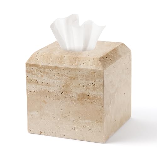 Tissue Box Cover Italy Natural Travertine Stone Heavy Duty Square Facial Toilet Paper Holder for Bathroom Living Room Bedroom Dresser Kitchen Minimalistic Office Home Decor Beige (TBC145WT)