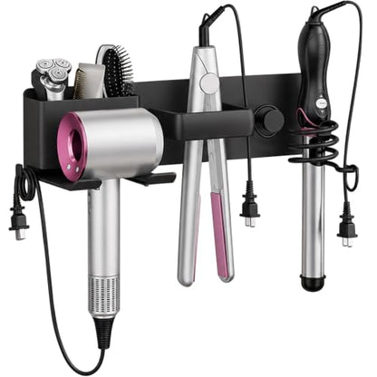 No-Drill Hair Dryer Holder Wall Mount with Storage Compartment for Bathroom | 4-in-1 Hair Tool Organizer, Blow Dryer Holder, Curler & Styler, Aluminum, Cable Mgmt, Space-Saving. Ideal for Bedroom, Salon
