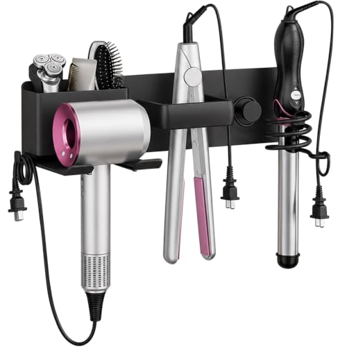 No-Drill Hair Dryer Holder Wall Mount with Storage Compartment for Bathroom | 4-in-1 Hair Tool Organizer, Blow Dryer Holder, Curler & Styler, Aluminum, Cable Mgmt, Space-Saving. Ideal for Bedroom, Salon