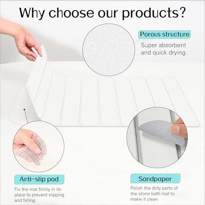 Cuckan 2 Pack Foldable Stone Bath Mats for Bathroom Super Absorbent Diatomaceous Earth Bath Mat Quick Dry Bath Rug Drying Mats with Non Slip Shower Rug Tub Shower Mat