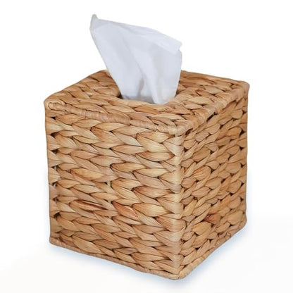 Water Hyacinth Handwoven Tissue Box Cover, Natural Handmade Wicker Napkin Box Holder, Handcrafted Square Facial Tissue, Rustic Decorative on Table and Bathroom, Office, Boho Decorative
