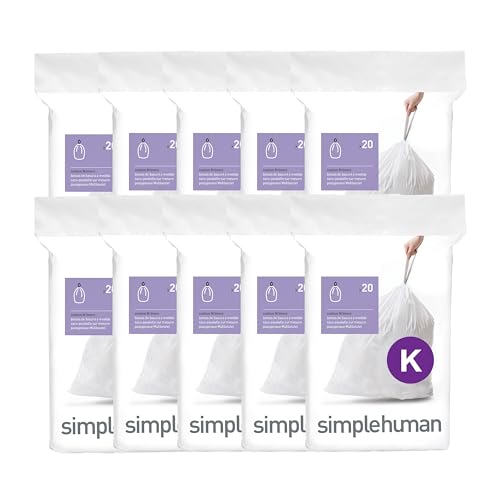simplehuman Code K 200 Count Custom Fit Liners, Drawstring Kitchen Trash Bags, One-by-One Mess-Free Dispense, Extra Thick & Double Seamed, 50% PCR Plastic, 30-45 Liter / 8-12 Gallon, White