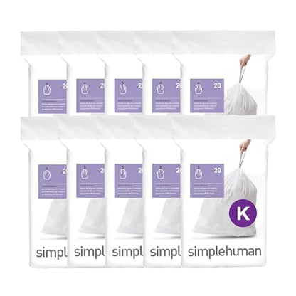 simplehuman Code K 200 Count Custom Fit Liners, Drawstring Kitchen Trash Bags, One-by-One Mess-Free Dispense, Extra Thick & Double Seamed, 50% PCR Plastic, 30-45 Liter / 8-12 Gallon, White