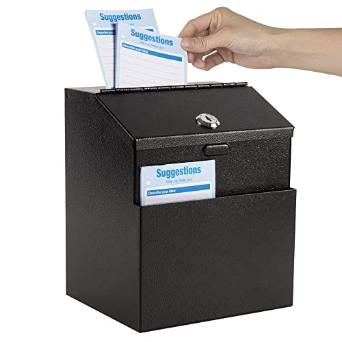 KYODOLED Suggestion Box with Slot and Lock, 50 Suggestion Cards, Black | Employee Comment Collection, Wall-Mount or Tabletop Use, Steel Construction, 2 Keys, Card Storage, 8H x 5.7W x 7L Inch