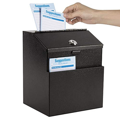 KYODOLED Suggestion Box with Slot and Lock, 50 Suggestion Cards, Black | Employee Comment Collection, Wall-Mount or Tabletop Use, Steel Construction, 2 Keys, Card Storage, 8H x 5.7W x 7L Inch