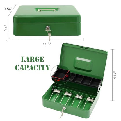 Cash Box with Lock Key and Money Tray - Large Money Box for Cash Register, Metal Lock Box for Money Safe 11.8" x 9.4" x 3.54" Green