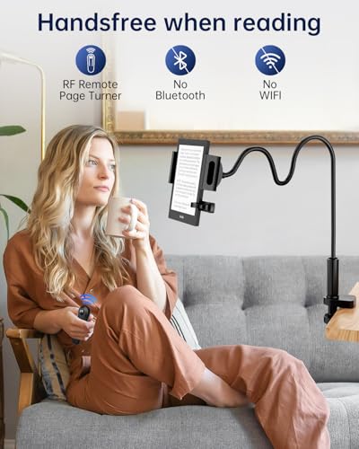 Kindle Holder with Remote Page Turner | Hands-Free Stand for Reading in Bed or Desk – Compatible with Kindle Paperwhite, Oasis, iPad, iPhone, and More | Fits Devices from 4.5” to 10”