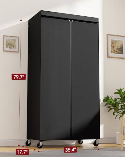 Sakugi Clothes Rack with Cover, Wardrobe Closet, 35.4" x17.7" x79.7", Iron | Bedroom, Dorm, Apartment, Open Front, Heavy Duty, Lockable Wheels, Rust-Resistant, Black