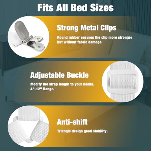 8 Pack Bed Sheet Fasteners, Adjustable Mattress Cover Straps with Metal Clips, Elastic Bed Corner Holders, Non Slip Sheet Clips, White Color